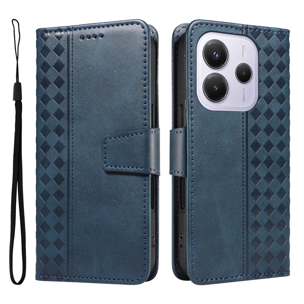 (Blue) For Xiaomi Redmi Note 14 4G (164.84Mm) Leather Case Wallet Stand Grids Imprinted Phone Cover With Strap Blue 6914289645316