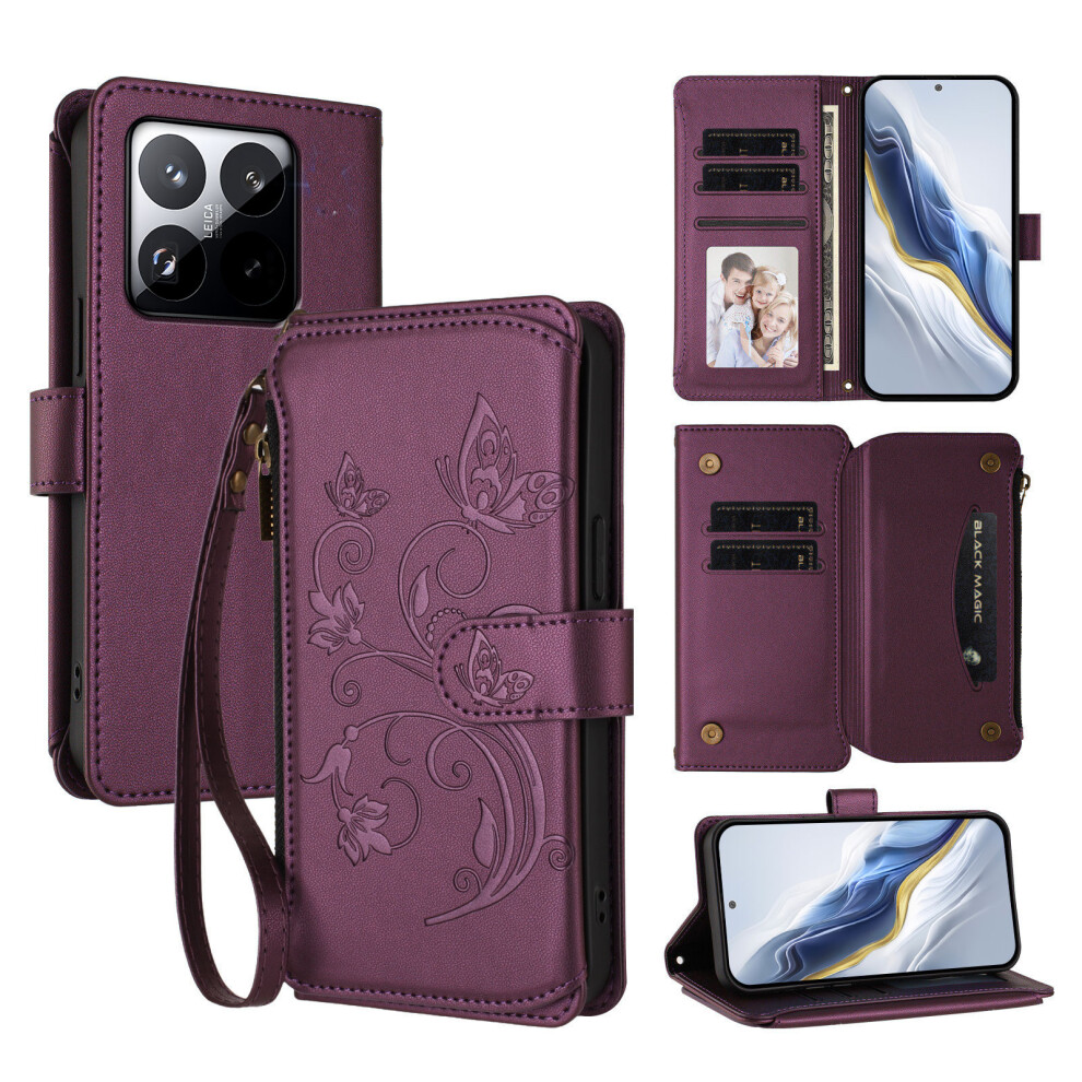 (Purple) For Xiaomi 15T Leather Case Butterfly Floral Imprint Zipper Wallet Stand Cover With Wrist Strap Purple 6914284274801