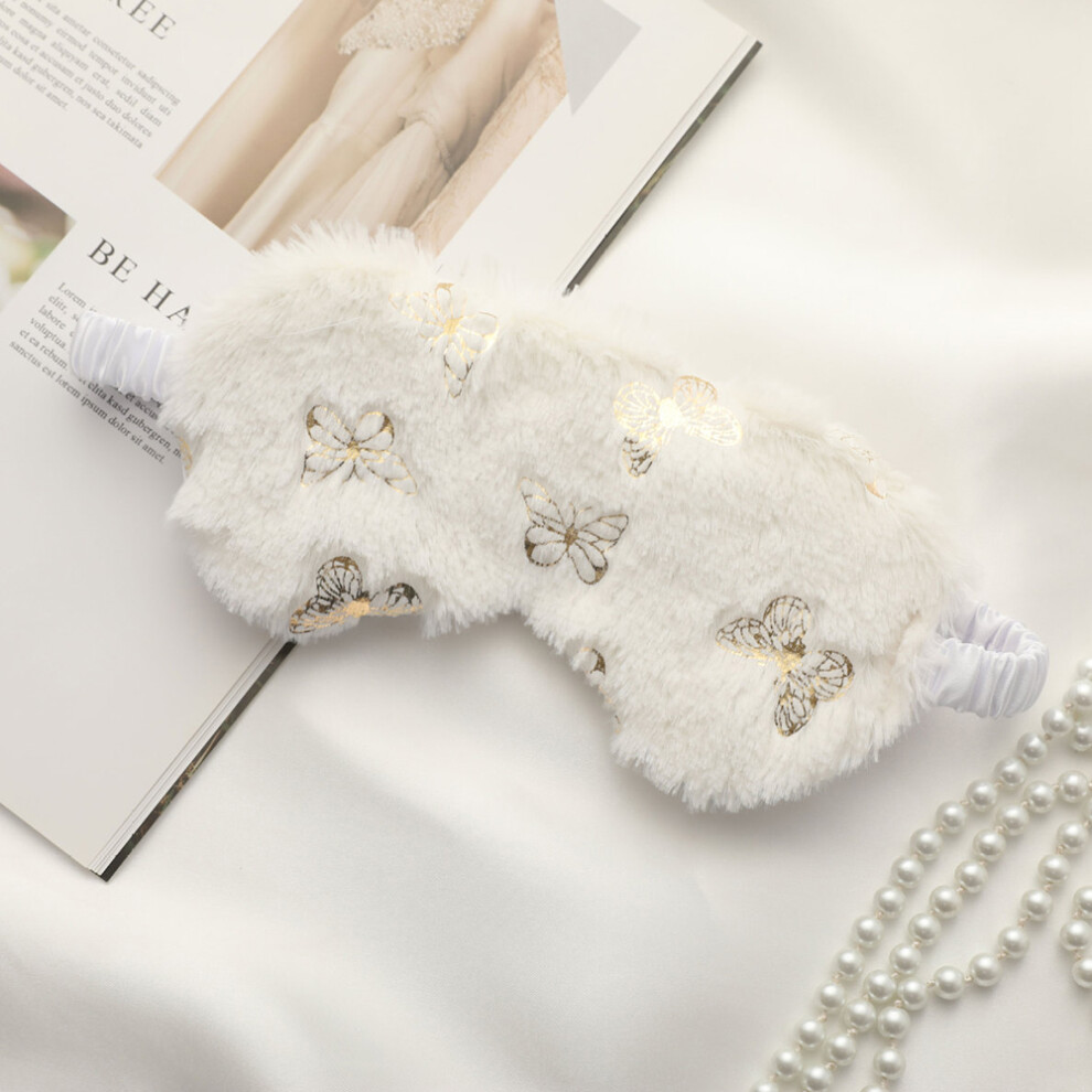 White ( Butterfly) Plush Eye Mask Imitated Silk Sleeping Mask Soft Fluffy Travel Eye Cover For Sleeping