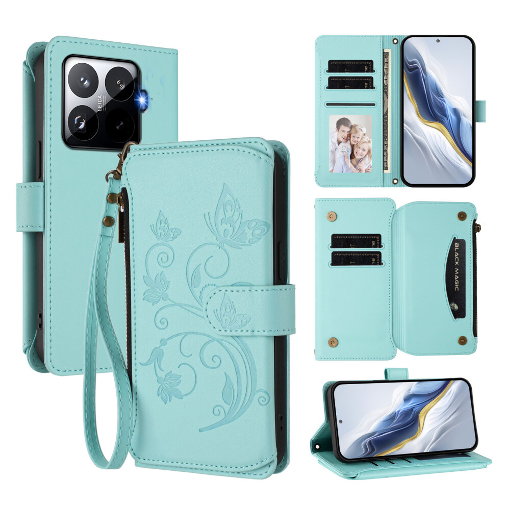 (Mint ) For Xiaomi 15T Pro Leather Case Butterfly Floral Imprint Zipper Wallet Stand Cover With Wrist Strap Green 6914285282942