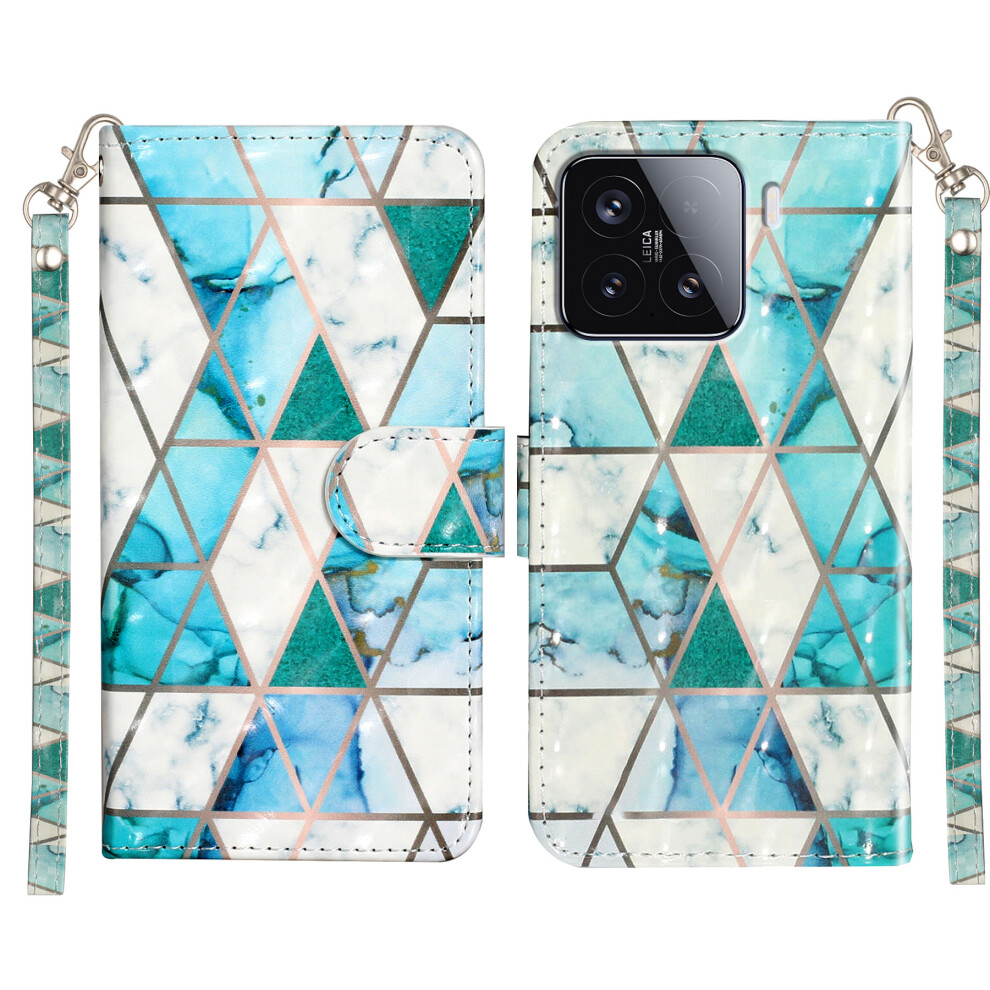 ( Marble) For Xiaomi 15T Wallet Case 3D Pattern Printed Leather Phone Cover With Strap Green 6914287591158