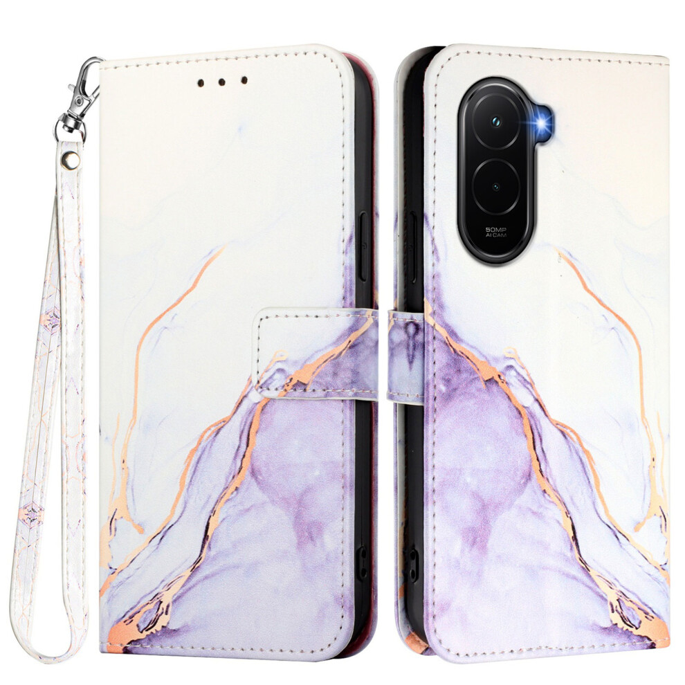 (White / Purple Ls006) For Xiaomi Poco M7 Plus 5G / M7 4G (169Mm) Case With Strap Marble Pattern Leather Phone Cover Card Holder White,Purple 6914284802561