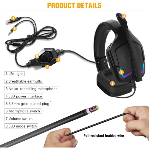 Ακουστικά Gaming με φωτισμό RGB, Ρυθμιζόμενο μικρόφωνο ακύρωσης θορύβου, Πτυσσόμενο 2
