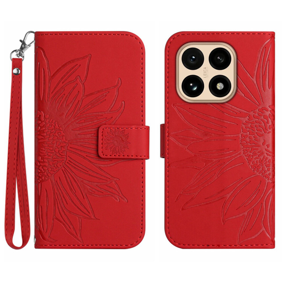 (Red) For Xiaomi 15T Case Sunflower Imprint Leather Wallet Phone Cover With Wrist Strap Red 6914286111036