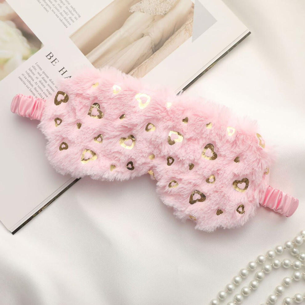 Pink ( Heart) Plush Eye Mask Imitated Silk Sleeping Mask Soft Fluffy Travel Eye Cover For Sleeping