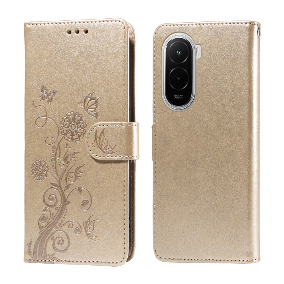 (Golden) For Xiaomi Poco M7 4G (169Mm) Leather Case Butterfly Floral Imprint Wallet Stand Cover Golden 6914287026650