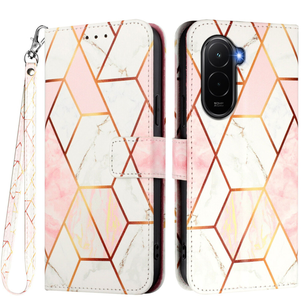 (Pink / White Ls002) For Xiaomi Poco M7 Plus 5G / M7 4G (169Mm) Case With Strap Marble Pattern Leather Phone Cover Card Holder Pink,White 6914289684728