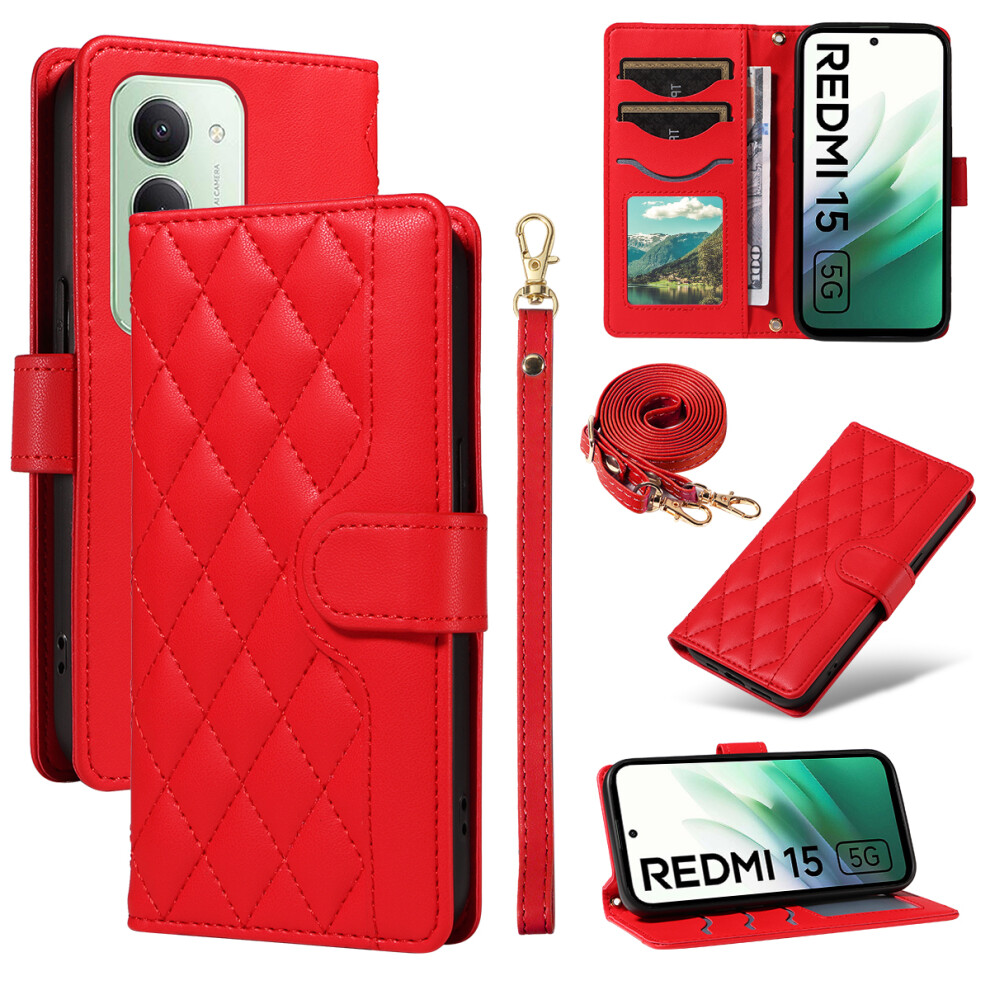 (Red) For Xiaomi Mi 15 4G (Eu) (171Mm) Wallet Case Rhombus Leather Phone Cover With Strap Red 6914289937770