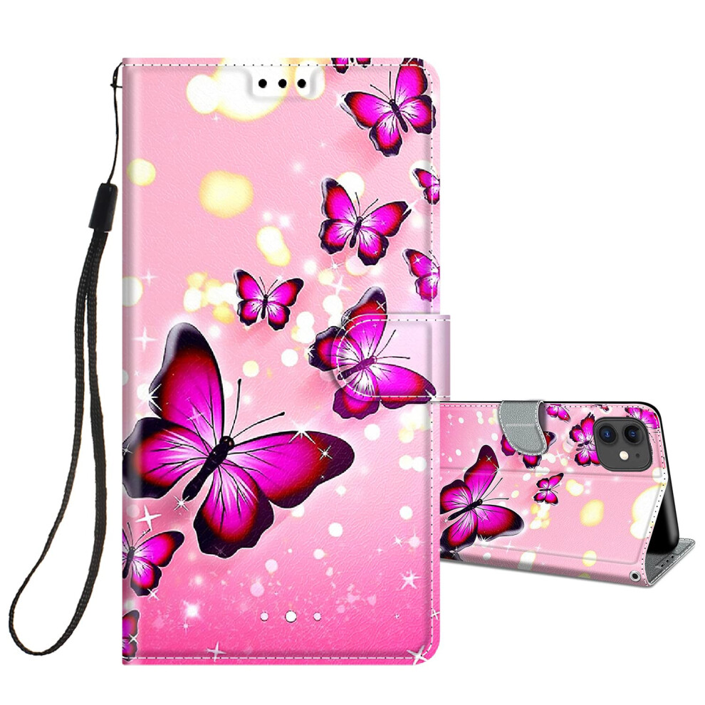 Flip Case For Iphone 12 / Iphone 12 Pro Protective Wallet, Kickstand, Card Slot, Silicone Bumper, Butterfly Pink 9365049267885
