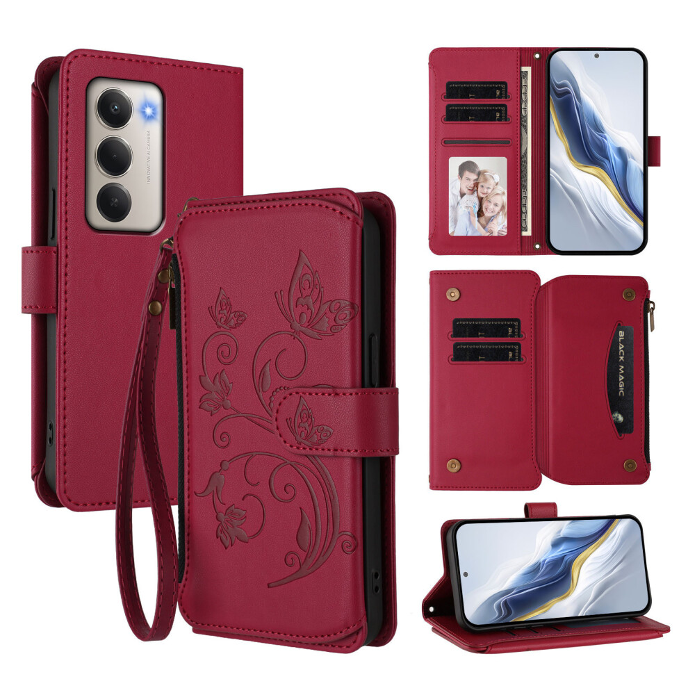 (Wine ) For Xiaomi Mi 15 4G (Eu) (171Mm) Leather Case Butterfly Floral Imprint Zipper Wallet Stand Cover With Wrist Strap Red 6914280707198