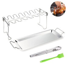 Suporte para Coxas de Frango na Grelha, Suporte Vertical em Aço Inoxidável com Bandeja Coletora Removível para Cozimento Adicional, Aquecimento