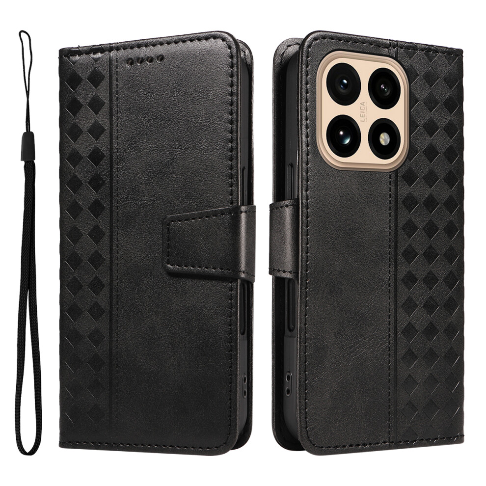 (Black) For Xiaomi 15T Leather Case Wallet Stand Grids Imprinted Phone Cover With Strap Black 6914289196115