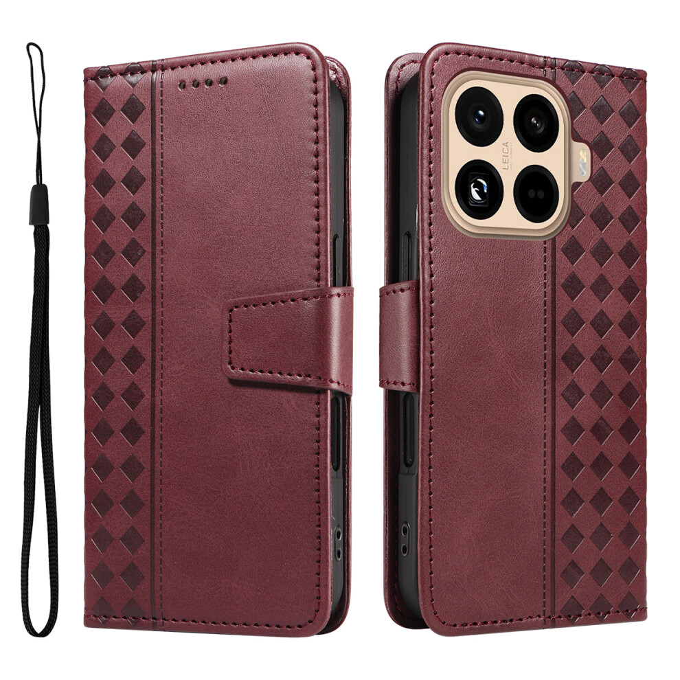 (Wine ) For Xiaomi 15T Pro Leather Case Wallet Stand Grids Imprinted Phone Cover With Strap Red 6914280155883