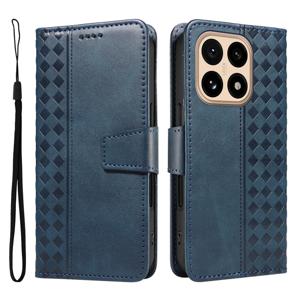 (Blue) For Xiaomi 15T Leather Case Wallet Stand Grids Imprinted Phone Cover With Strap Blue 6914282349570