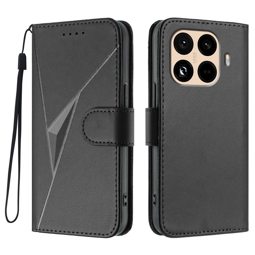 (Black) For Xiaomi 15T Pro Case Triangle Imprint Leather Phone Cover With Lanyard Black 6914288208109