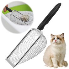 Stainless Steel Cat Litter Scoop with Long Ergonomic Handle, Curved Design, Black Handle