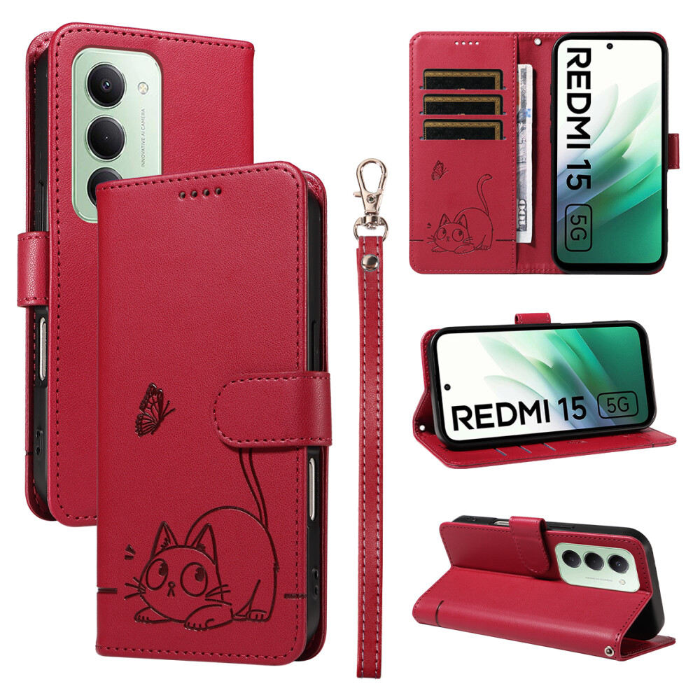 (Red) For Xiaomi Mi 15 4G (Eu) (171Mm) Case Cat Pattern Imprint Leather Phone Cover With Wrist Strap Red 6914289306811