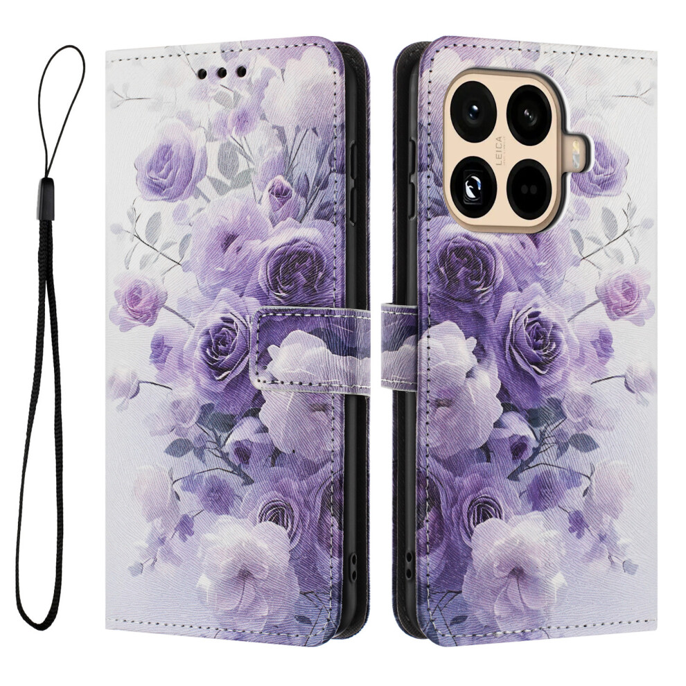 ( Rose) For Xiaomi 15T Pro Wallet Case Pattern Printing Pu Leather Phone Cover With Lanyard Purple 6914288185097