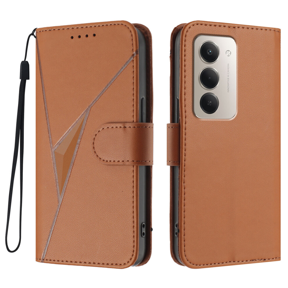 (Coffee) For Xiaomi Redmi 15 4G (169Mm) Case Triangle Imprint Leather Phone Cover With Lanyard Brown 6914289252873