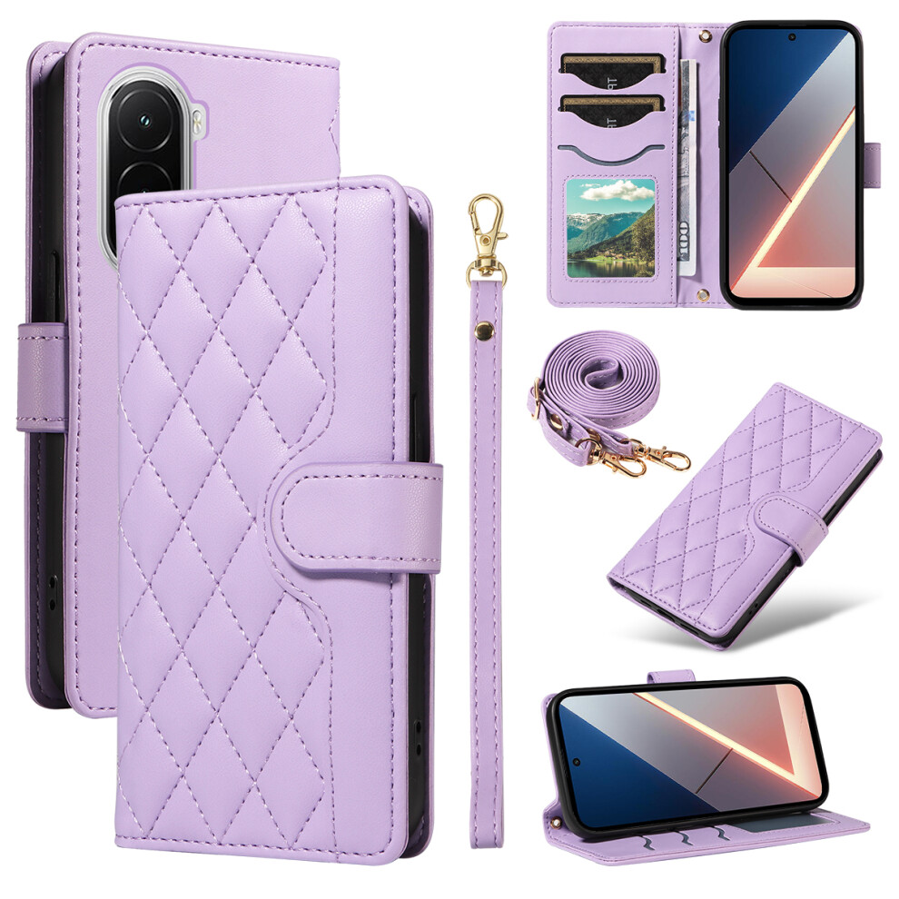 (Light ) For Xiaomi Poco M7 4G (169Mm) Wallet Case Rhombus Leather Phone Cover With Strap Purple 6914288213349