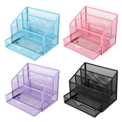 Multifunctional Iron Mesh Desk Pen Organiser 5-Blue 1