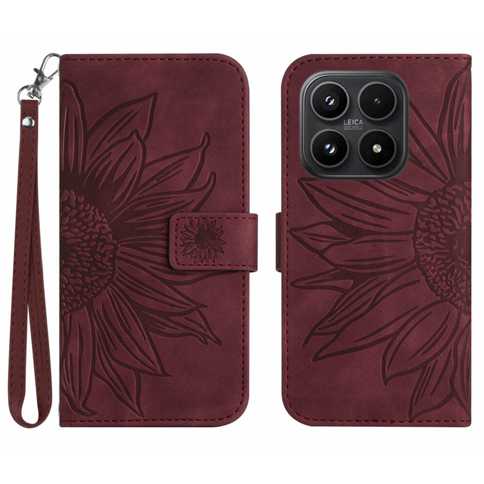 (Wine ) For Xiaomi 17 Case Sunflower Imprint Leather Wallet Phone Cover With Wrist Strap Red 6914285626623