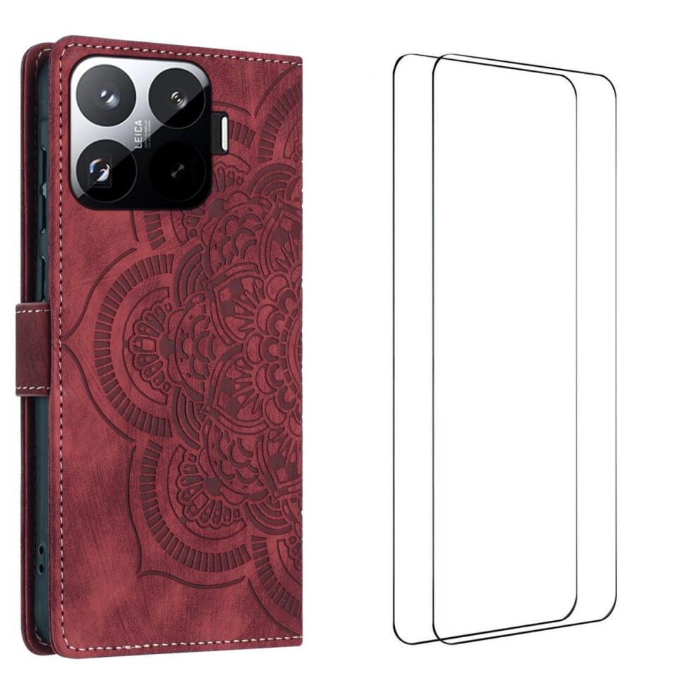 (Red) For Xiaomi 15T Pro Case With 2Pcs Tempe Glass Wanlonfeng Mtl Series Mandala Leather Phone Cover Red 6914284378653