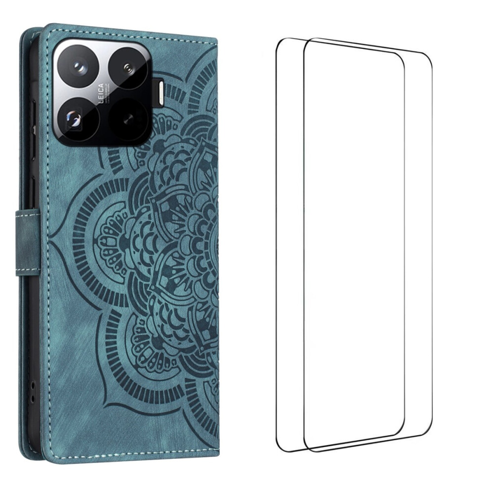 (Blue) For Xiaomi 15T Pro Case With 2Pcs Tempered Glass Wanlonfeng Mtl Series Mandala Leather Phone Cover Blue 6914283679102