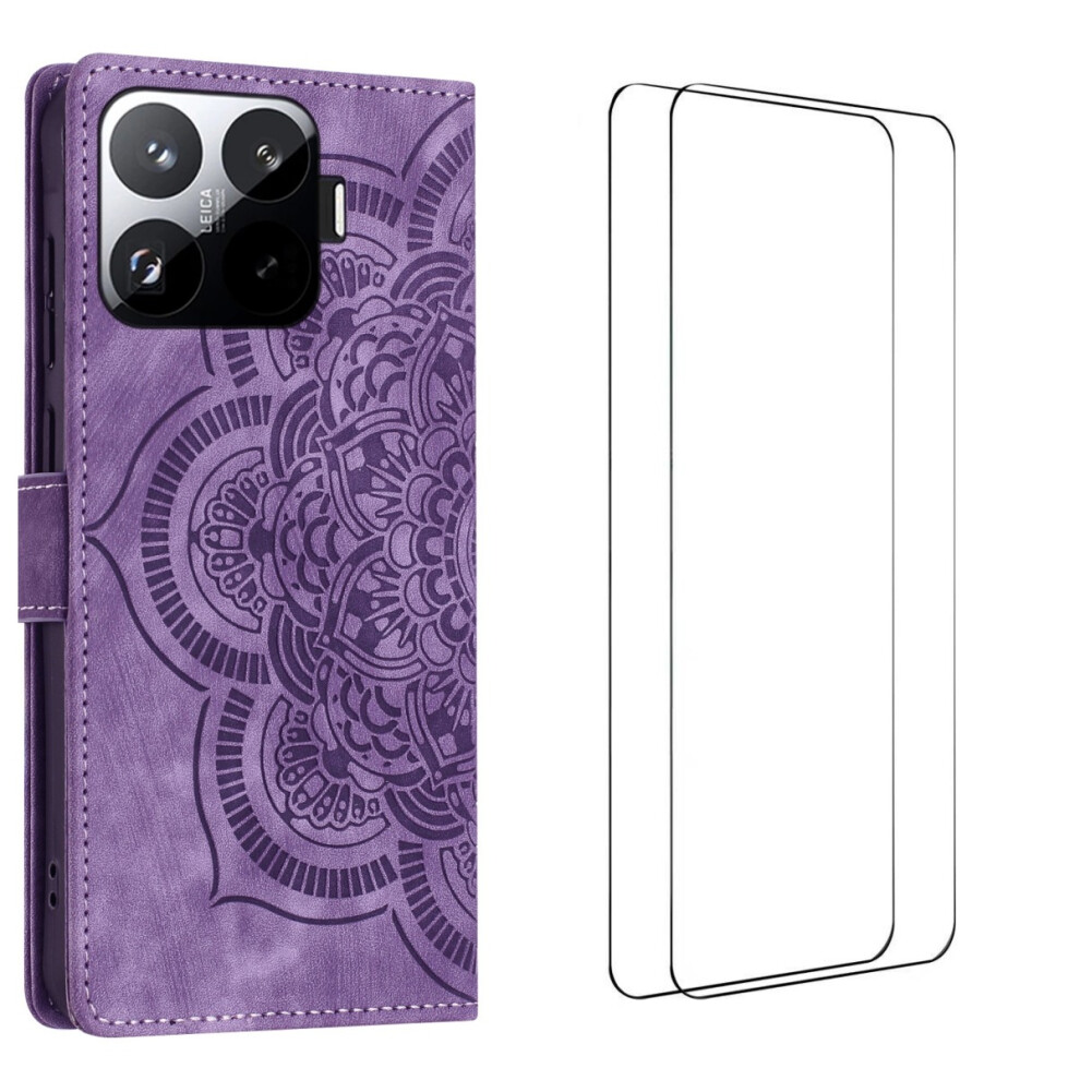 (Purple) For Xiaomi 15T Pro Case With 2Pcs Tempered Glass Wanlonfeng Mtl Series Mandala Leather Phone Cover Purple 6914288529525