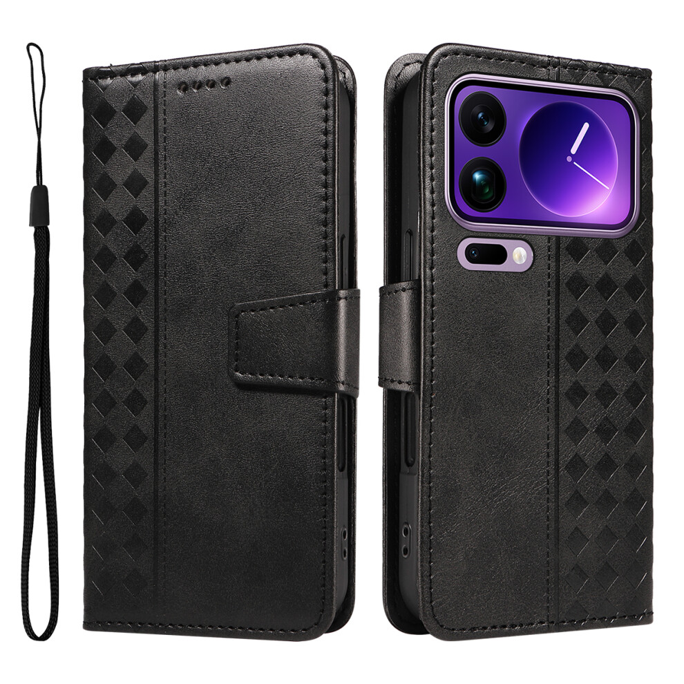 (Black) For Xiaomi 17 Pro Max Leather Case Wallet Stand Grids Imprinted Phone Cover With Strap Black 6914282068624