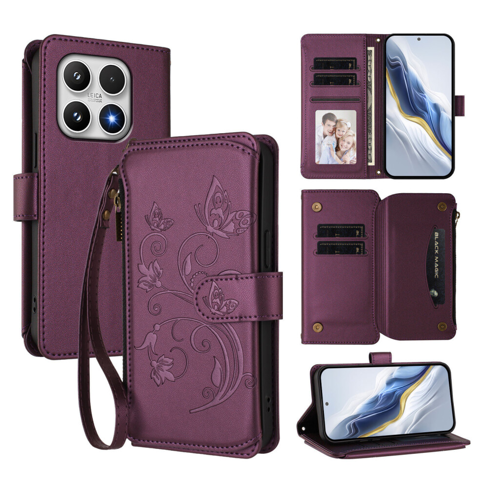 (Purple) For Xiaomi 17 Leather Case Butterfly Floral Imprint Zipper Wallet Stand Cover With Wrist Strap Purple 6914287542488