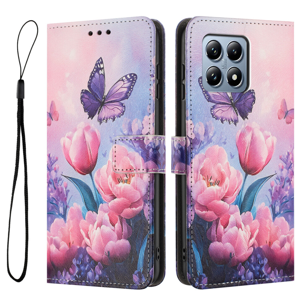 ( Flower Butterfly) For Xiaomi 15T Wallet Case Pattern Printing Pu Leather Phone Cover With Lanyard Pink 6914282733461