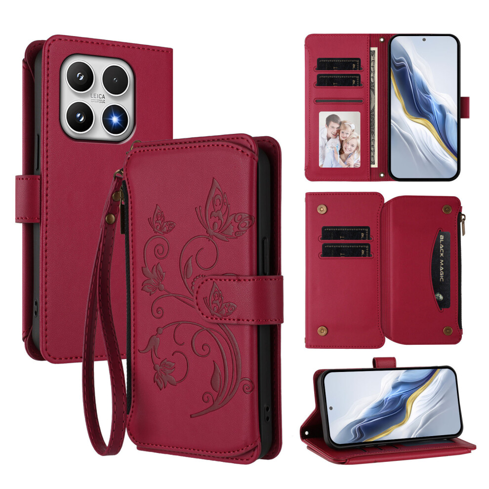 (Wine ) For Xiaomi 17 Leather Case Butterfly Floral Imprint Zipper Wallet Stand Cover With Wrist Strap Red 6914282140757