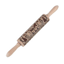 (As show, One size) Christmas Elk Snowman Pattern Wooden Rolling Pin for Baking Cookies Noodle Dough Roller Kitchen
