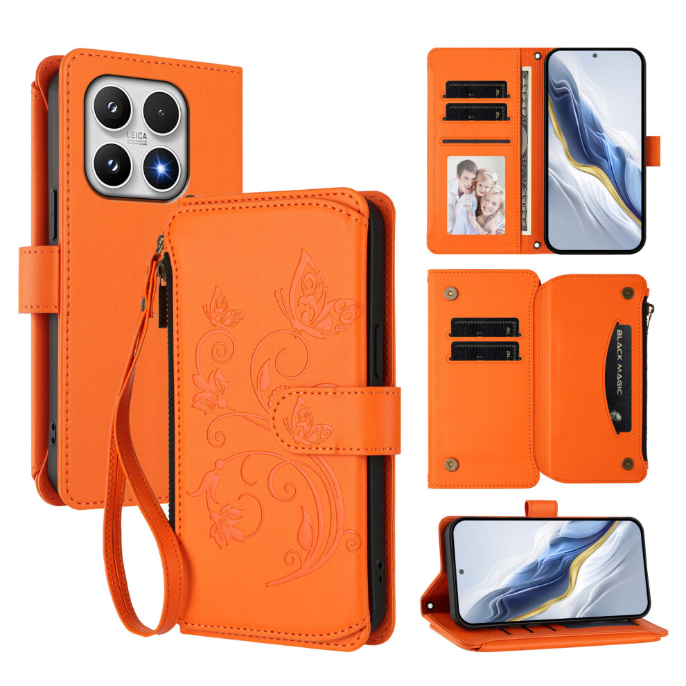 (Orange) For Xiaomi 17 Leather Case Butterfly Floral Imprint Zipper Wallet Stand Cover With Wrist Strap Orange 6914287213371