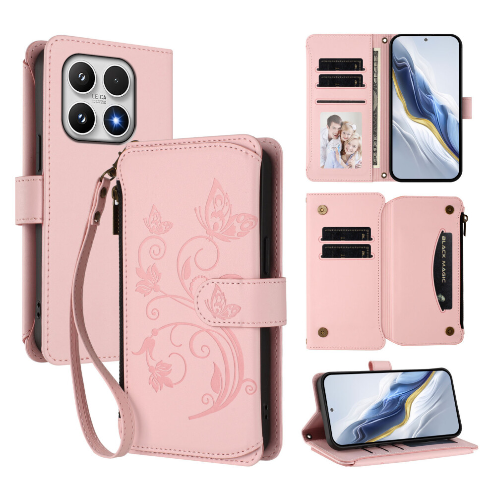 (Pink) For Xiaomi 17 Leather Case Butterfly Floral Imprint Zipper Wallet Stand Cover With Wrist Strap Pink 6914285515118