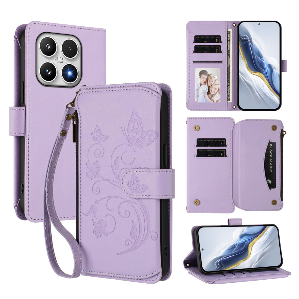 (Light ) For Xiaomi 17 Leather Case Butterfly Floral Imprint Zipper Wallet Stand Cover With Wrist Strap Purple 6914286666499