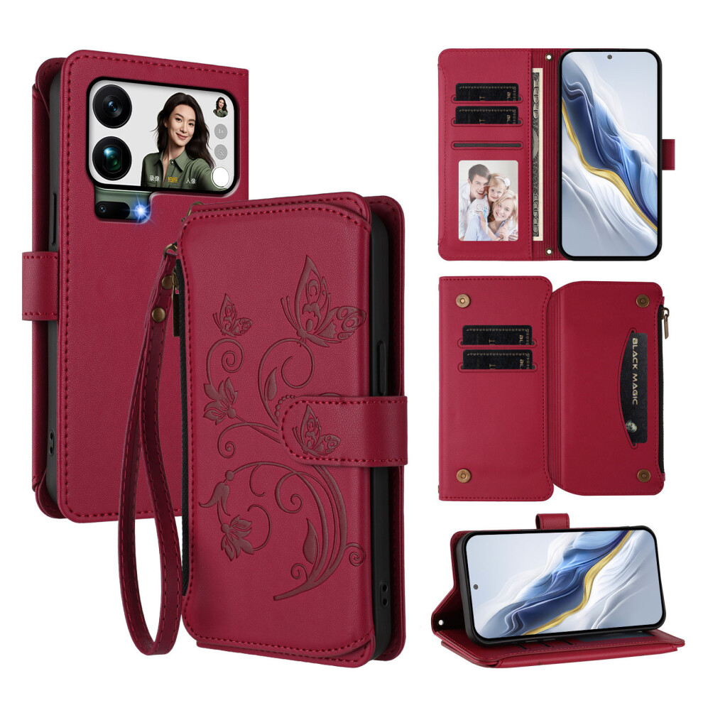 (Wine ) For Xiaomi 17 Pro Max Leather Case Butterfly Floral Imprint Zipper Wallet Stand Cover With Wrist Strap Red 6914287168183