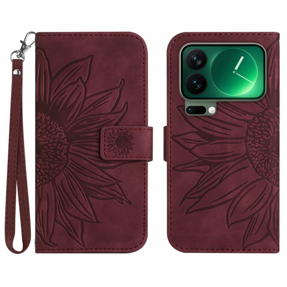 (Wine ) For Xiaomi 17 Pro Case Sunflower Imprint Leather Wallet Phone Cover With Wrist Strap Red 6914281962091