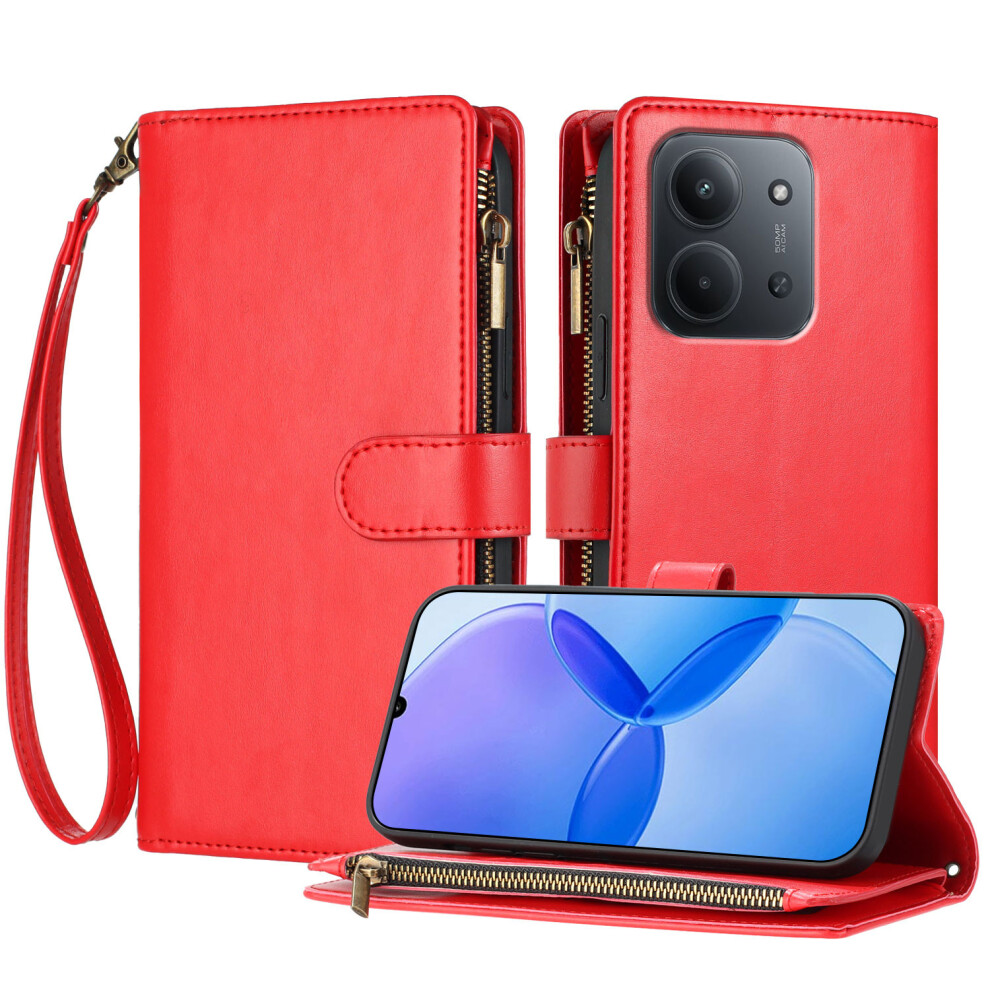 (Red) For Xiaomi Mi 15C 4G (Global) (171Mm) Leather Case Zipper Wallet Stand Shockproof Phone Cover With Wrist Strap Red 6914280834870