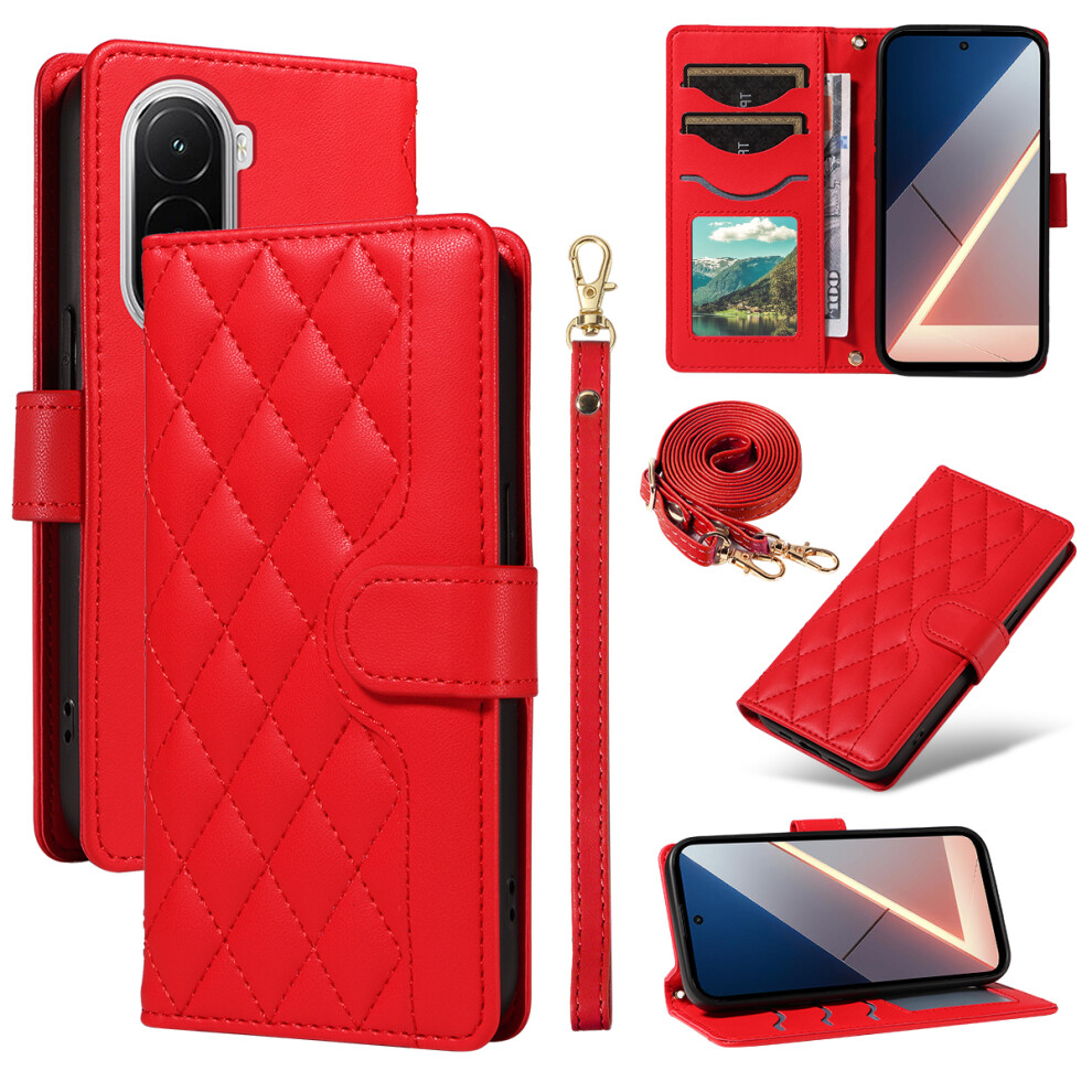 (Red) For Xiaomi Poco M7 4G (169Mm) Wallet Case Rhombus Leather Phone Cover With Strap Red 6914282568858
