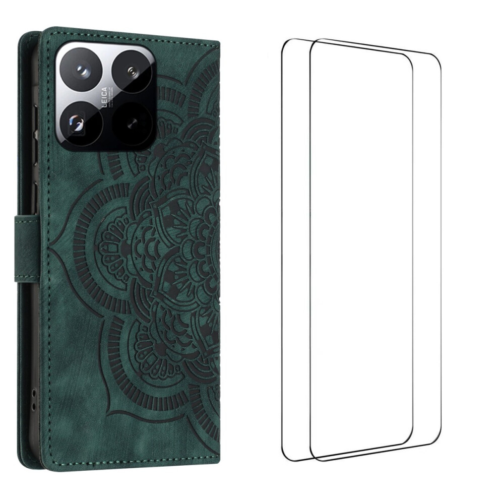 (Midnight ) For Xiaomi 15T Case With 2Pcs Tempered Glass Wanlonfeng Mtl Series Mandala Leather Phone Cover Green 6914287865600