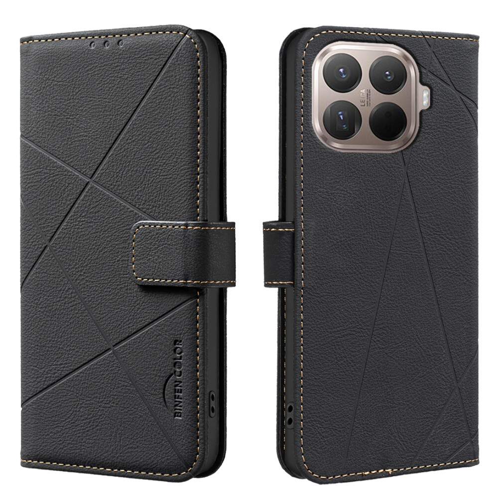 (Black) For Xiaomi 15T Pro Case Binfen Color Bf35 Geometry Imprinted Leather Phone Cover Rfid Blocking Wallet Stand Black 6914281225646