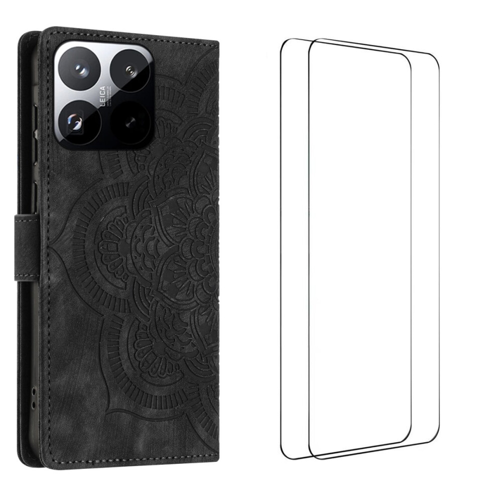 (Black) For Xiaomi 15T Case With 2Pcs Tempered Glass Wanlonfeng Mtl Series Mandala Leather Phone Cover Black 6914288844345