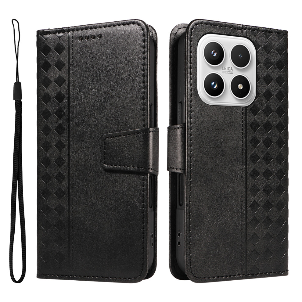 (Black) For Xiaomi 17 Leather Case Wallet Stand Grids Imprinted Phone Cover With Strap Black 6914284720445