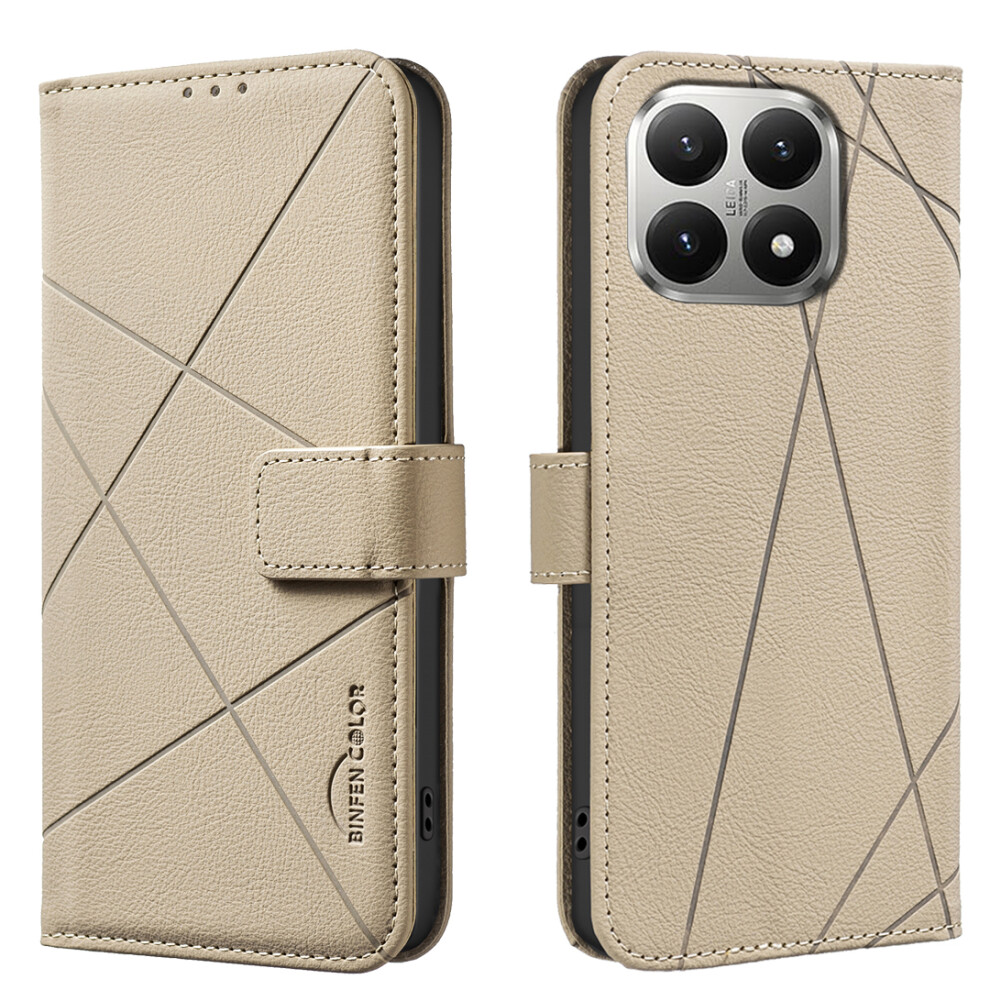 (Beige) For Xiaomi 15T Case Binfen Color Bf35 Geometry Imprinted Leather Phone Cover Rfid Blocking Wallet Stand Cream 6914285715549