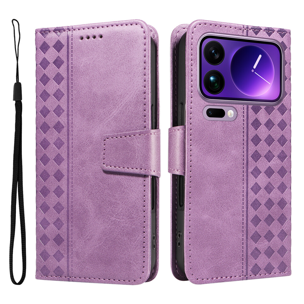 (Light ) For Xiaomi 17 Pro Max Leather Case Wallet Stand Grids Imprinted Phone Cover With Strap Purple 6914284892524