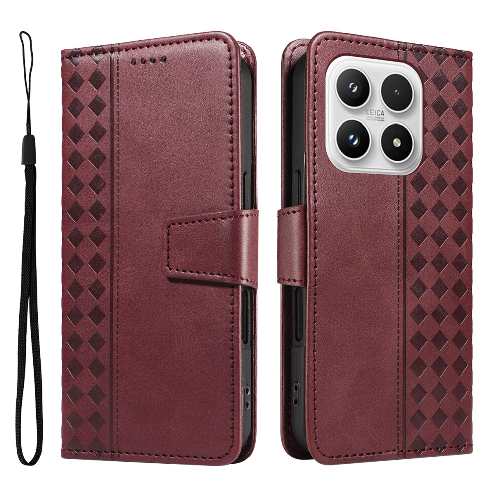 (Wine ) For Xiaomi 17 Leather Case Wallet Stand Grids Imprinted Phone Cover With Strap Red 6914284020477