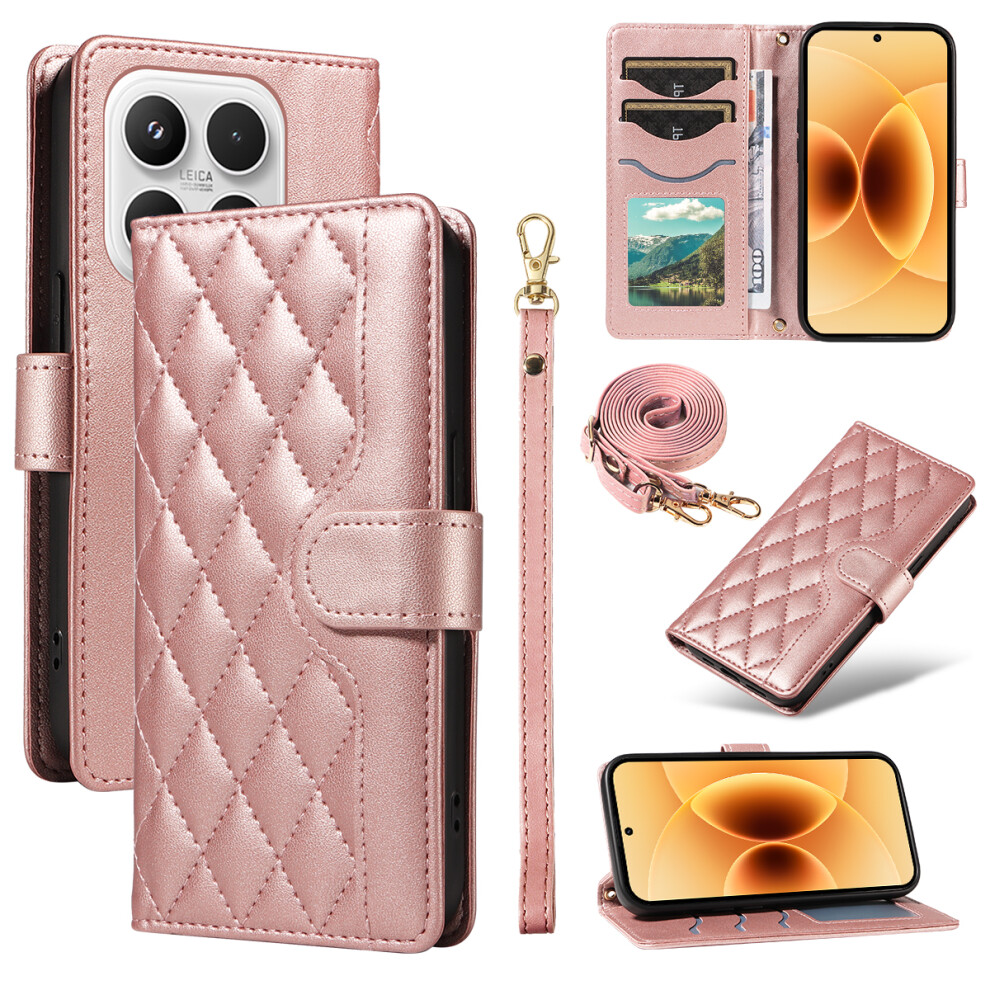 (Rose ) For Xiaomi 17 Wallet Case Rhombus Leather Phone Cover With Strap Gold 6914286181145