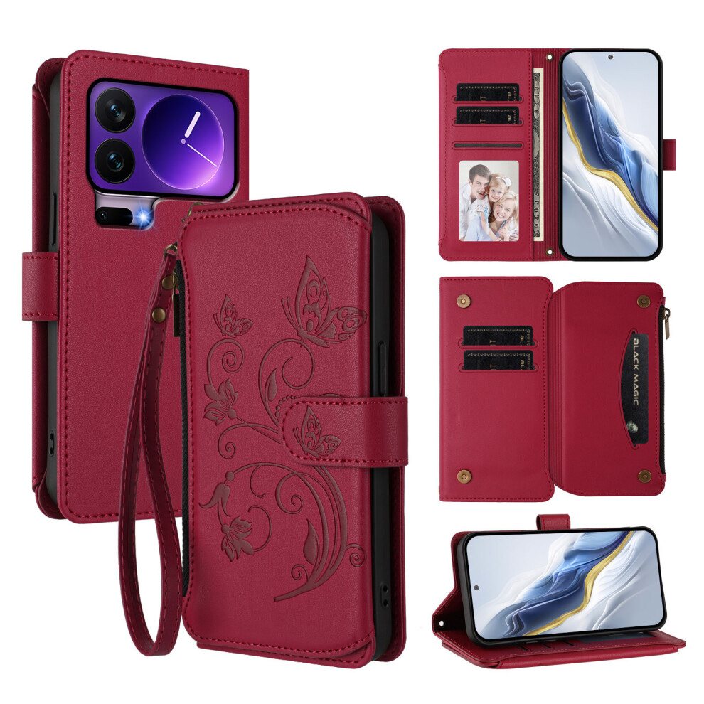 (Wine ) For Xiaomi 17 Pro Leather Case Butterfly Floral Imprint Zipper Wallet Stand Cover With Wrist Strap Red 6914280047508